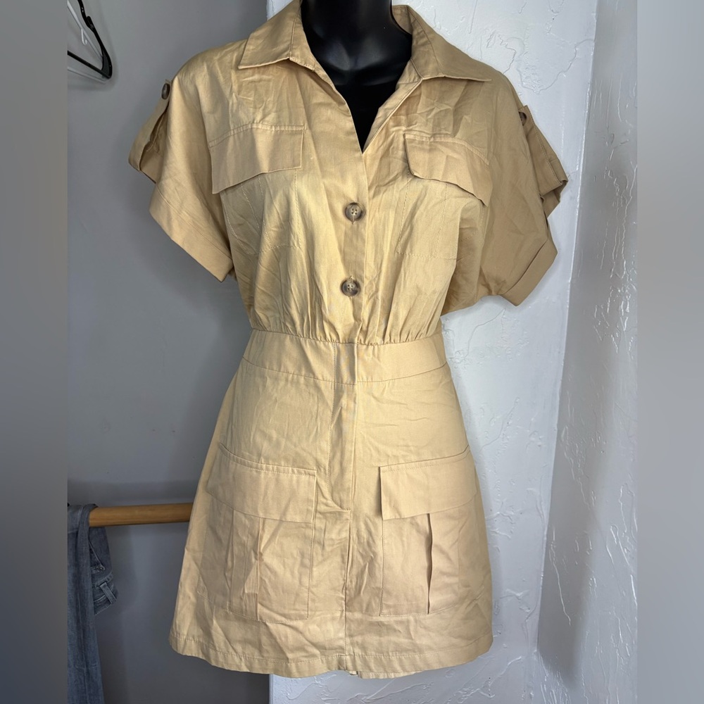 ZARA POPLIN CARGO JUMPSUIT TAN sz S Beige khaki Short Utility - Picture 5 of 12